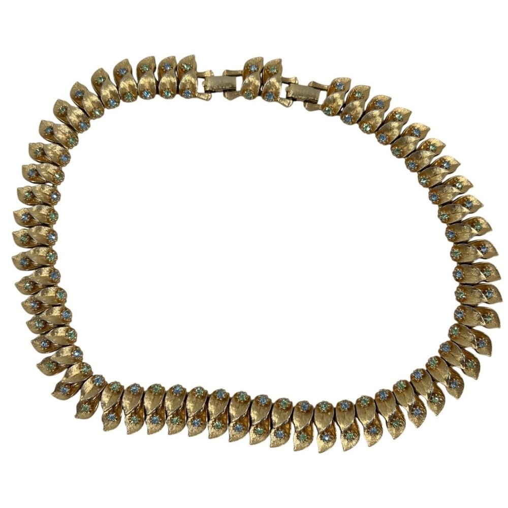 VTG 50s/60s Gold-Tone Double Leaf Adj Link Necklace Blue & Green Rhinestones 16"